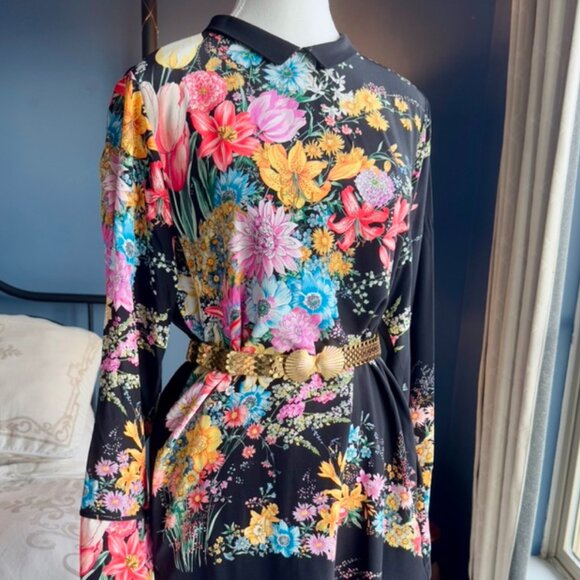 NWT No. 21 Black w Bright Floral 100% Silk Long Sleeved Mini Dress - Picture 3 of 13